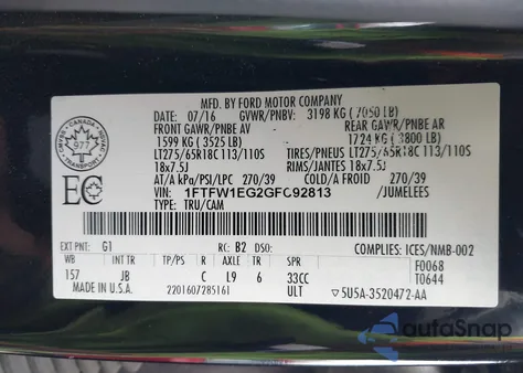 2016 Ford F-150 Xlt из США, поврежденный, VIN 1FTFW1EG2GFC92813